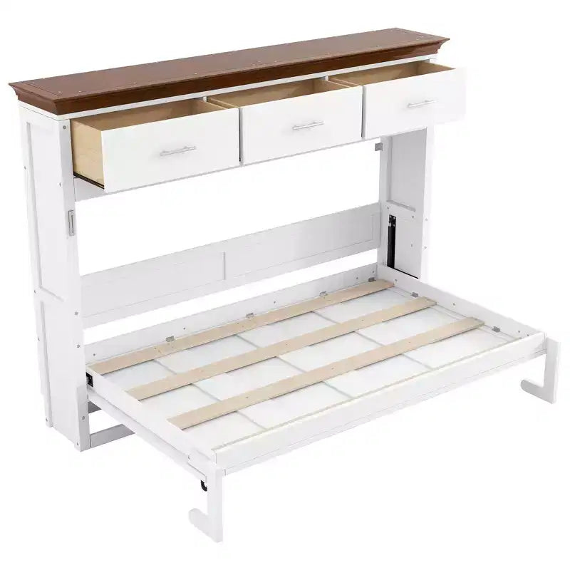 Lit escamotable double avec 3 tiroirs, armoire murale pliable, blanc