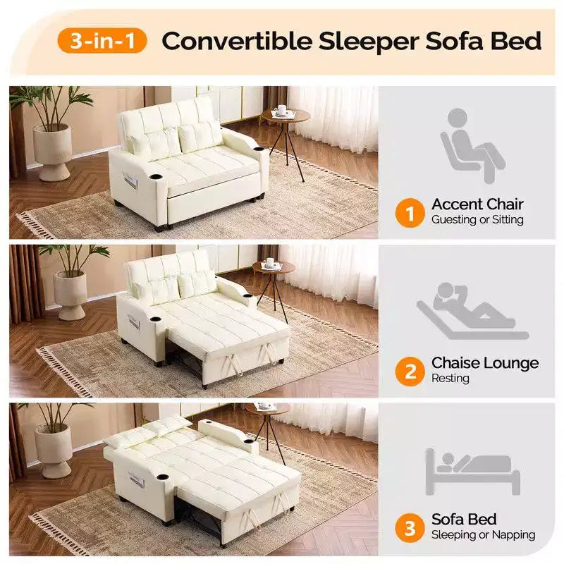 Canapé-lit convertible inclinable en cuir rembourré « Cats Claw » avec coussins pour petits espaces