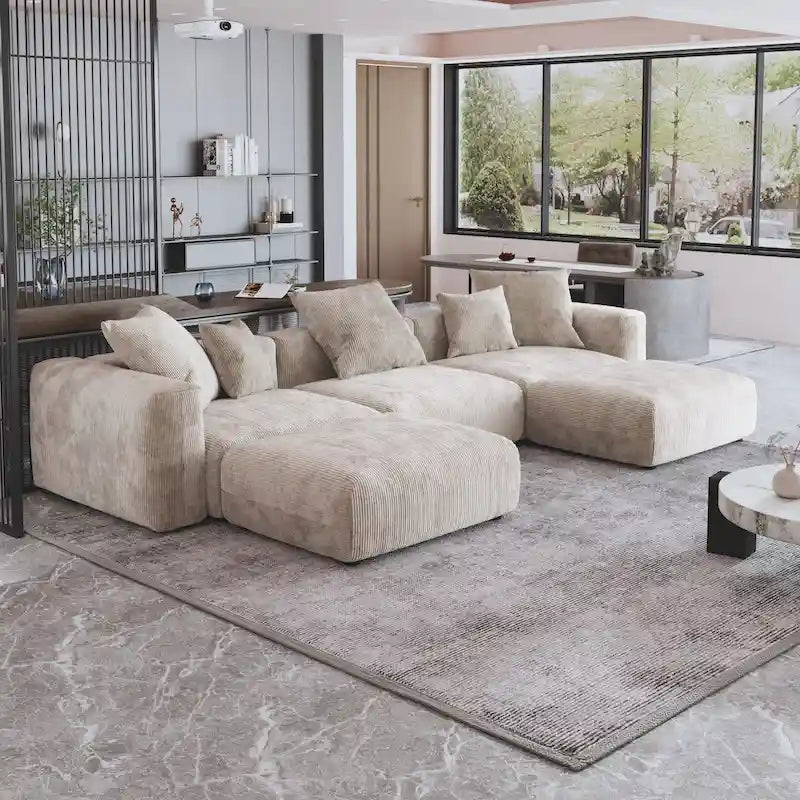 Canapé d’angle modulable 141,73, canapé en velours côtelé en U avec poufs