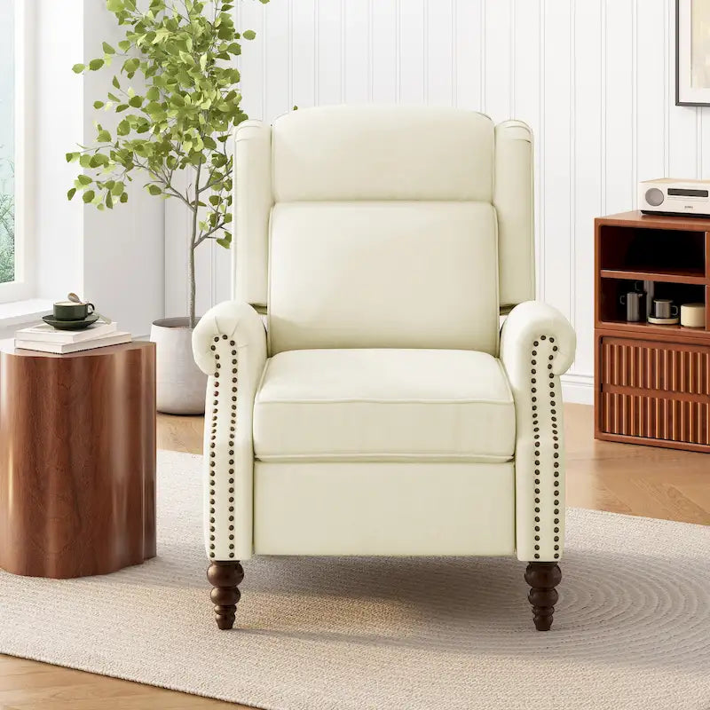 Wingback Push-Back Recliner Chair with Nailhead Trim and Wood Legs