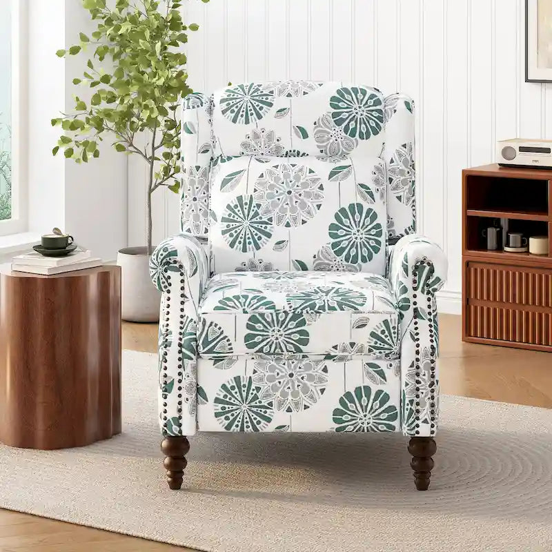 Wingback Push-Back Recliner Chair with Nailhead Trim and Wood Legs