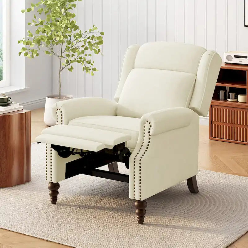 Wingback Push-Back Recliner Chair with Nailhead Trim and Wood Legs