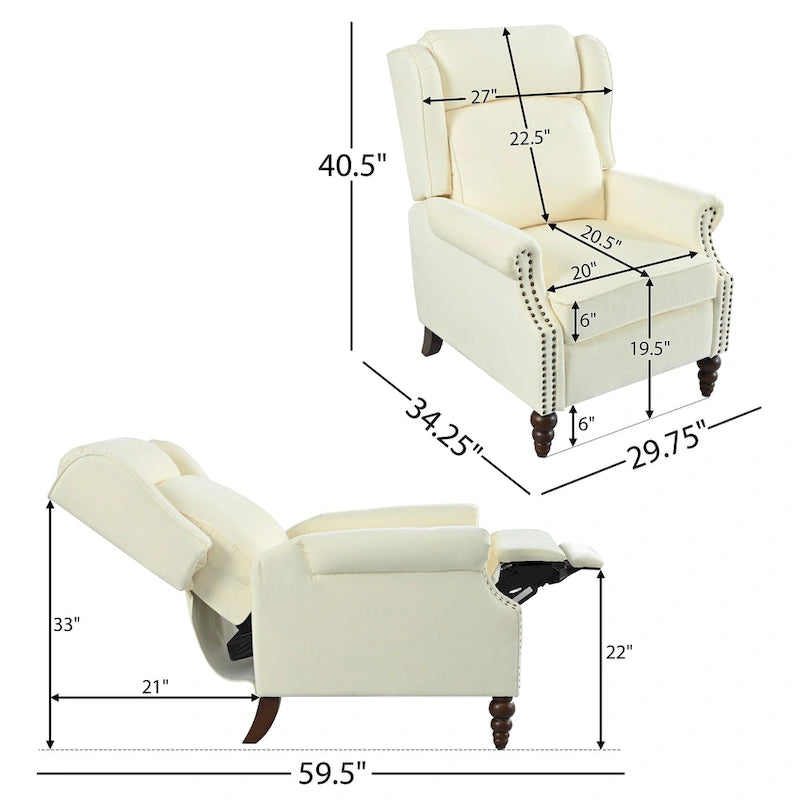 Wingback Push-Back Recliner Chair with Nailhead Trim and Wood Legs