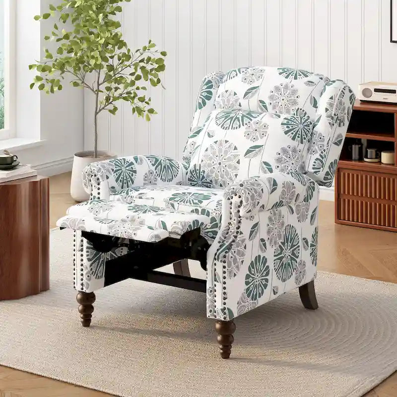 Wingback Push-Back Recliner Chair with Nailhead Trim and Wood Legs