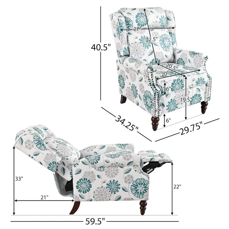 Wingback Push-Back Recliner Chair with Nailhead Trim and Wood Legs