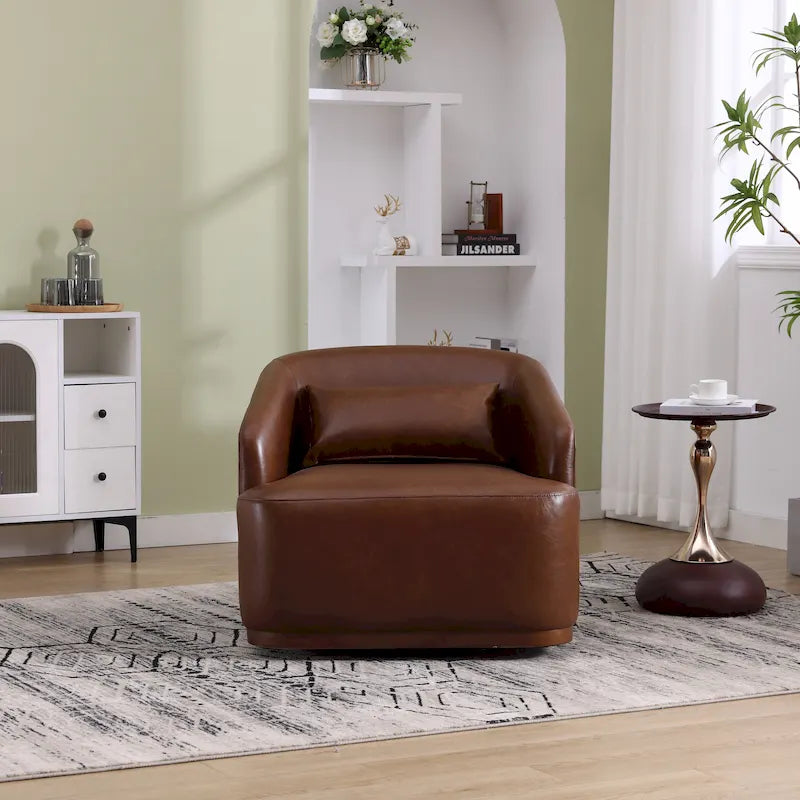 Chenille Fabric Swivel Accent Chair with 360-Degree Metal Base and Removable Back Pillow