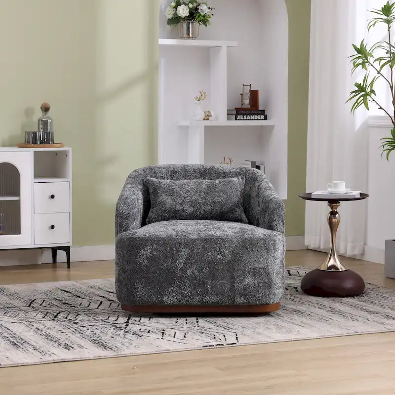 Chenille Fabric Swivel Accent Chair with 360-Degree Metal Base and Removable Back Pillow