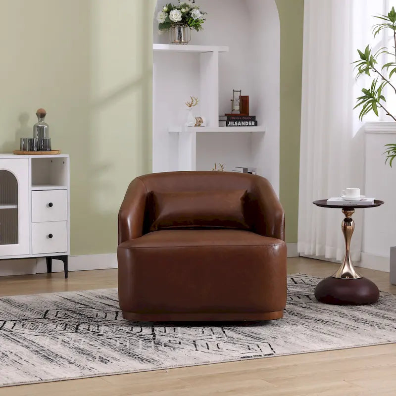 Chenille Fabric Swivel Accent Chair with 360-Degree Metal Base and Removable Back Pillow