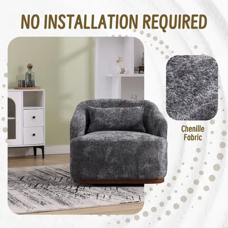 Chenille Fabric Swivel Accent Chair with 360-Degree Metal Base and Removable Back Pillow