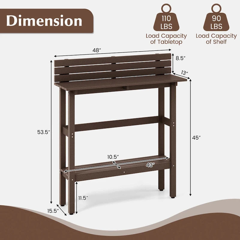 48-Inch Outdoor Bar Table with Storage Shelf, Anti-Fall Baffle and Adjustable Foot Pads