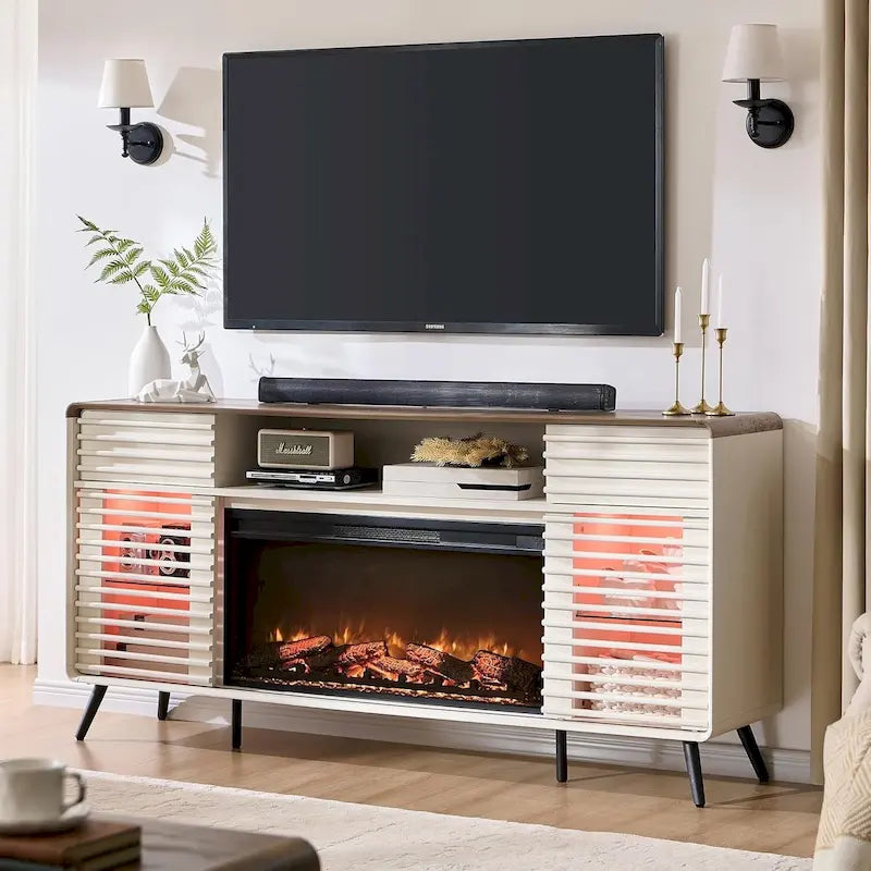 Mid-Century Modern TV Stand with 36-Inch Electric Fireplace Insert