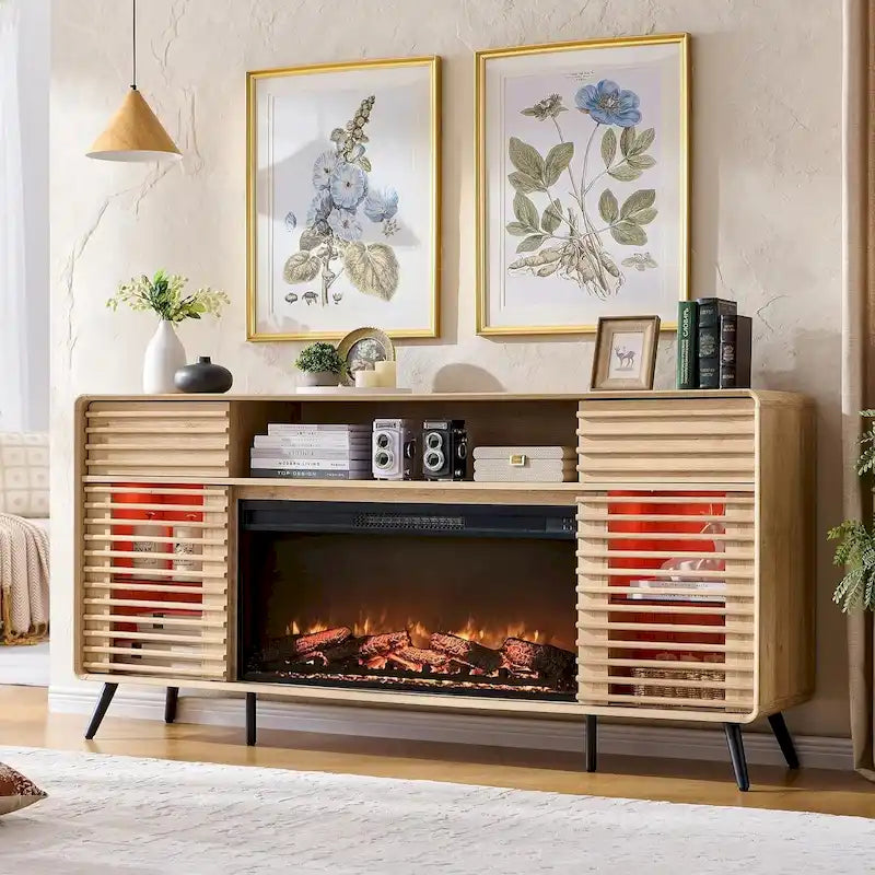 Mid-Century Modern TV Stand with 36-Inch Electric Fireplace Insert