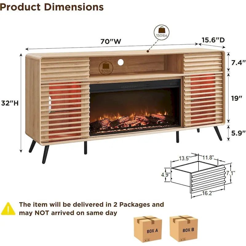 Mid-Century Modern TV Stand with 36-Inch Electric Fireplace Insert