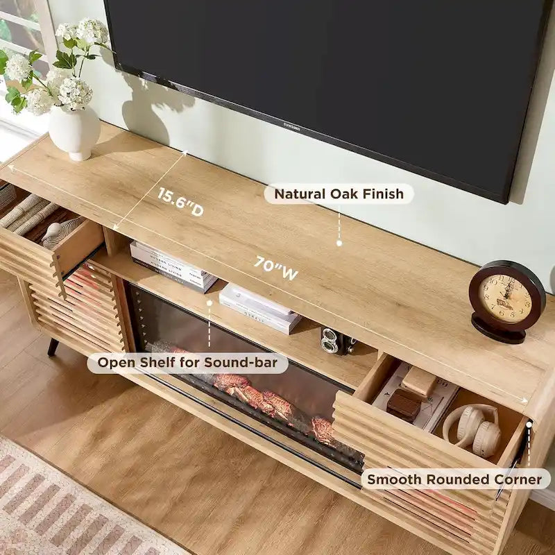 Mid-Century Modern TV Stand with 36-Inch Electric Fireplace Insert