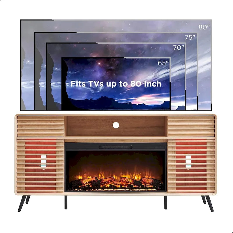 Mid-Century Modern TV Stand with 36-Inch Electric Fireplace Insert