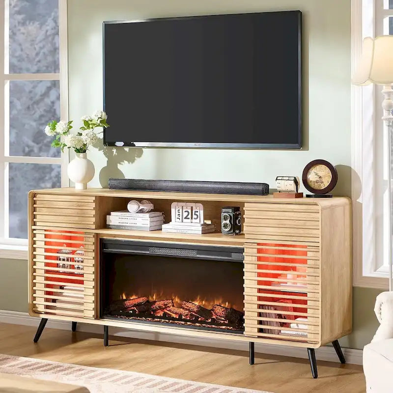 Mid-Century Modern TV Stand with 36-Inch Electric Fireplace Insert