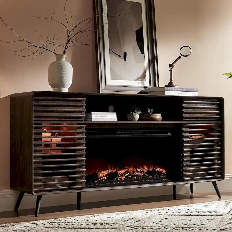 Mid-Century Modern TV Stand with 36-Inch Electric Fireplace Insert