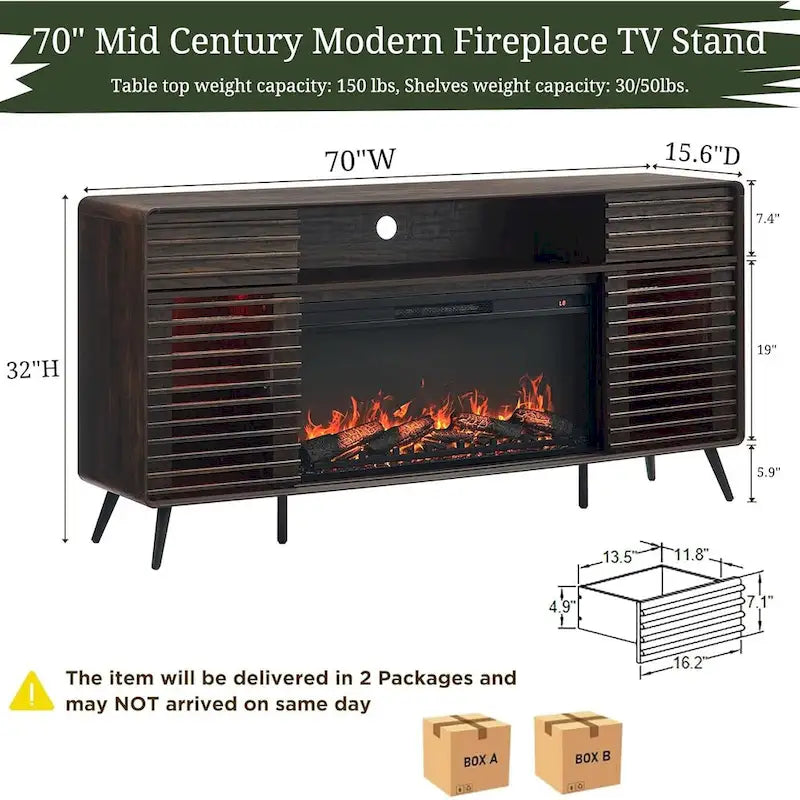 Mid-Century Modern TV Stand with 36-Inch Electric Fireplace Insert