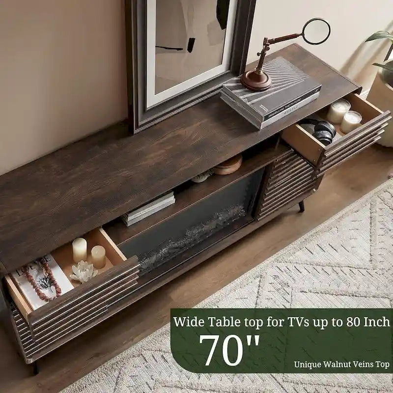 Mid-Century Modern TV Stand with 36-Inch Electric Fireplace Insert