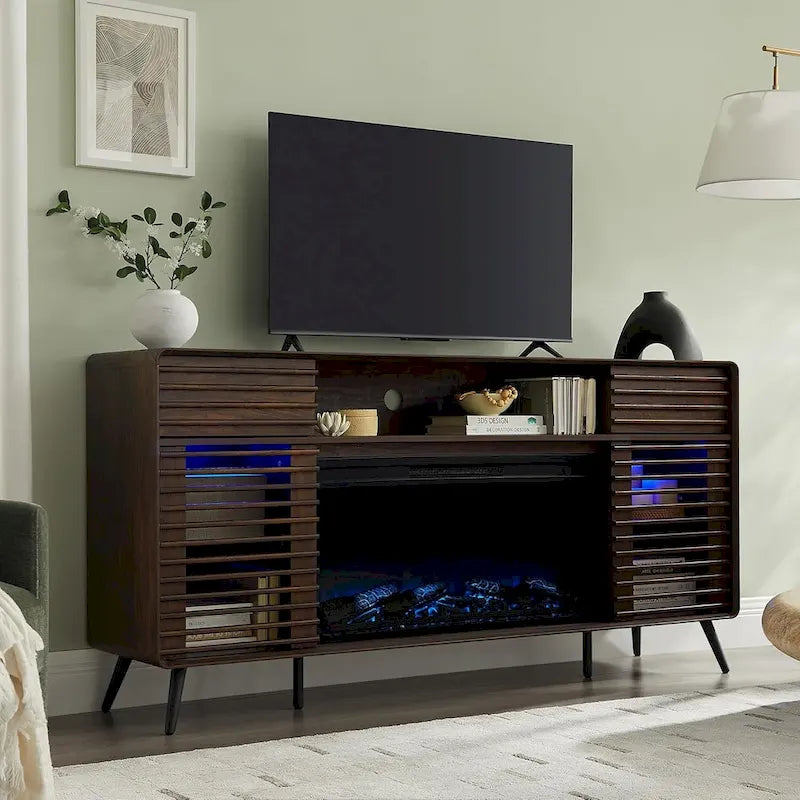 Mid-Century Modern TV Stand with 36-Inch Electric Fireplace Insert