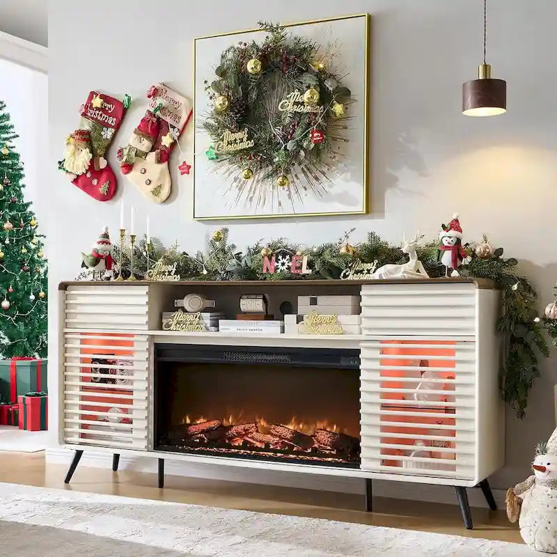Mid-Century Modern TV Stand with 36-Inch Electric Fireplace Insert