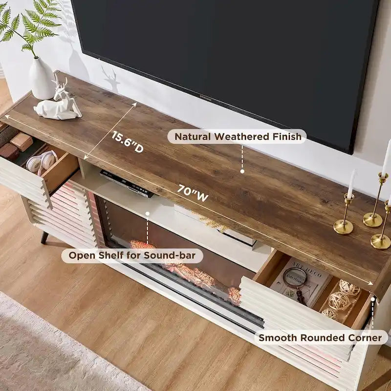 Mid-Century Modern TV Stand with 36-Inch Electric Fireplace Insert