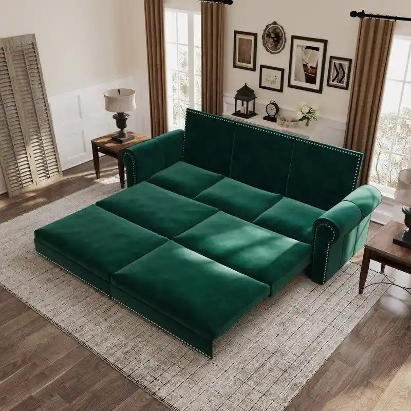 3-in-1 Convertible Chesterfield Sleeper Sofa with Pull-Out King Bed, Nailhead Trim and Rolled Arms