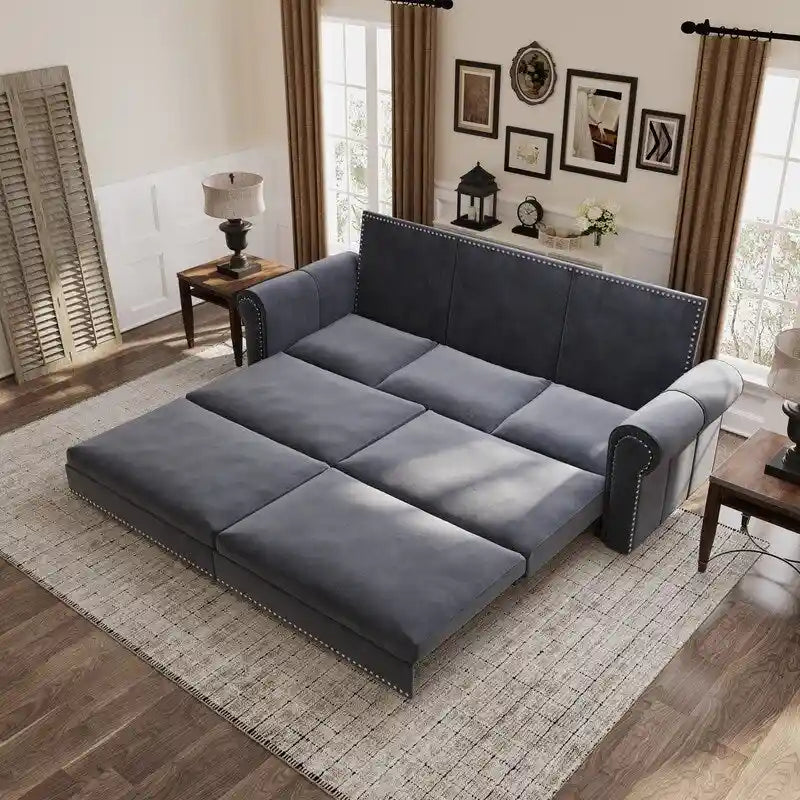 3-in-1 Convertible Chesterfield Sleeper Sofa with Pull-Out King Bed, Nailhead Trim and Rolled Arms