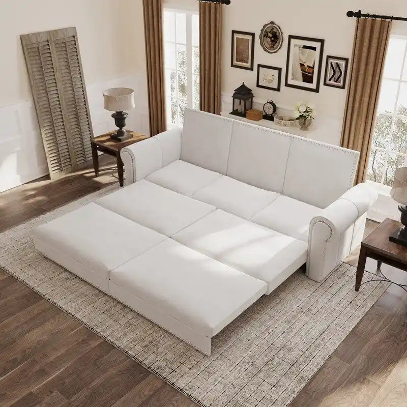 3-in-1 Convertible Chesterfield Sleeper Sofa with Pull-Out King Bed, Nailhead Trim and Rolled Arms