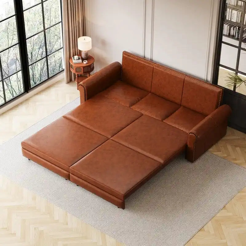 3-in-1 Convertible Chesterfield Sleeper Sofa with Pull-Out King Bed, Nailhead Trim and Rolled Arms