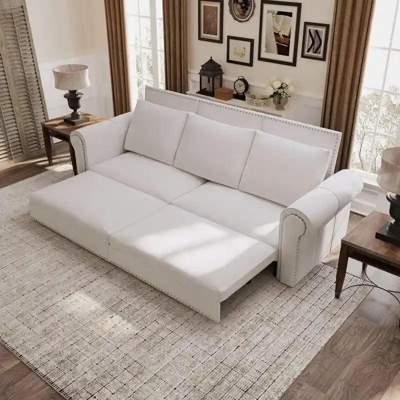 3-in-1 Convertible Chesterfield Sleeper Sofa with Pull-Out King Bed, Nailhead Trim and Rolled Arms