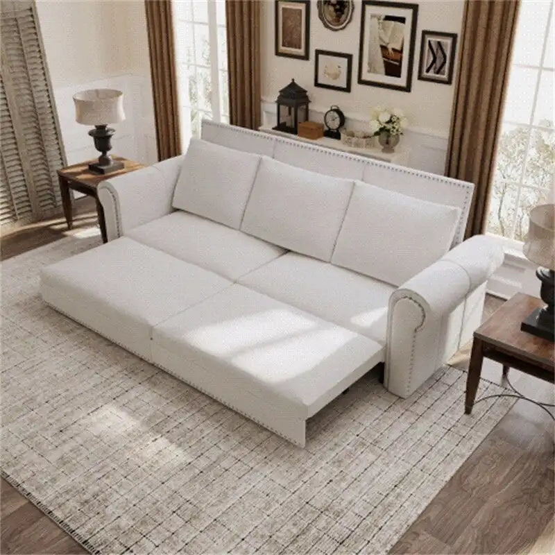 3-in-1 Convertible Chesterfield Sleeper Sofa with Pull-Out King Bed, Nailhead Trim and Rolled Arms