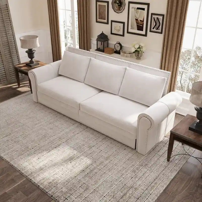 3-in-1 Convertible Chesterfield Sleeper Sofa with Pull-Out King Bed, Nailhead Trim and Rolled Arms