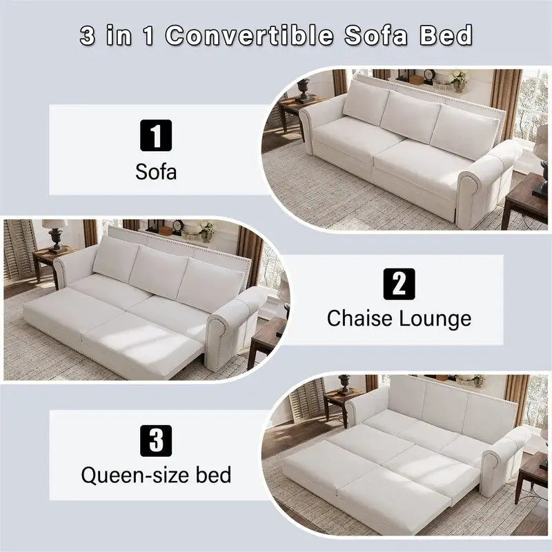 3-in-1 Convertible Chesterfield Sleeper Sofa with Pull-Out King Bed, Nailhead Trim and Rolled Arms