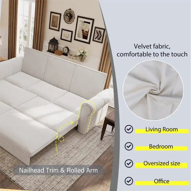 3-in-1 Convertible Chesterfield Sleeper Sofa with Pull-Out King Bed, Nailhead Trim and Rolled Arms
