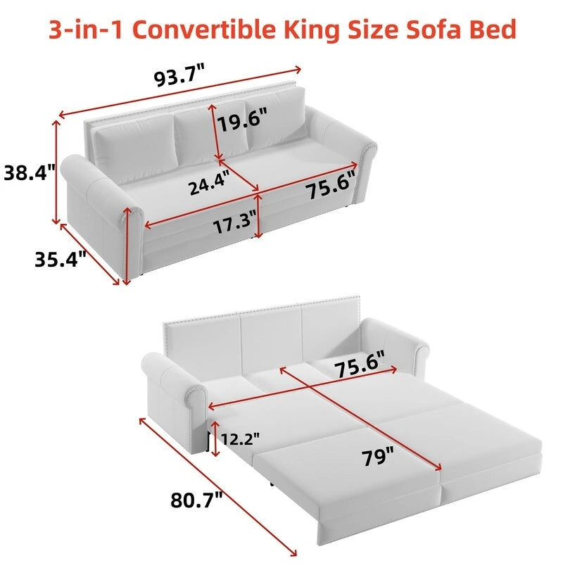 3-in-1 Convertible Chesterfield Sleeper Sofa with Pull-Out King Bed, Nailhead Trim and Rolled Arms