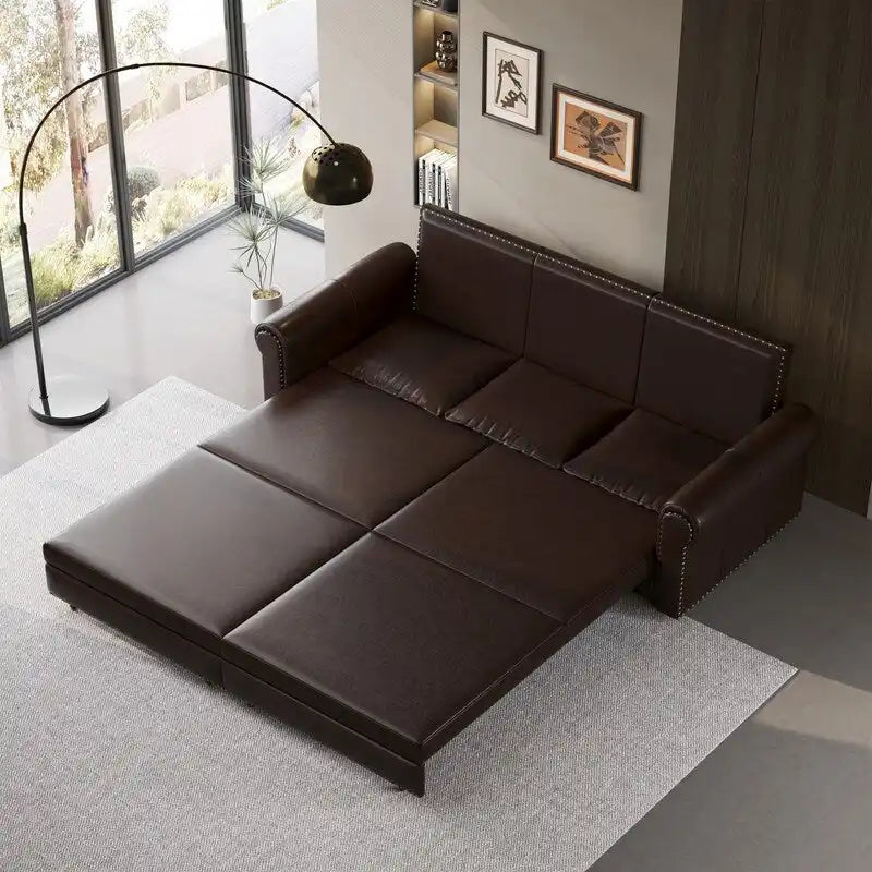 3-in-1 Convertible Chesterfield Sleeper Sofa with Pull-Out King Bed, Nailhead Trim and Rolled Arms