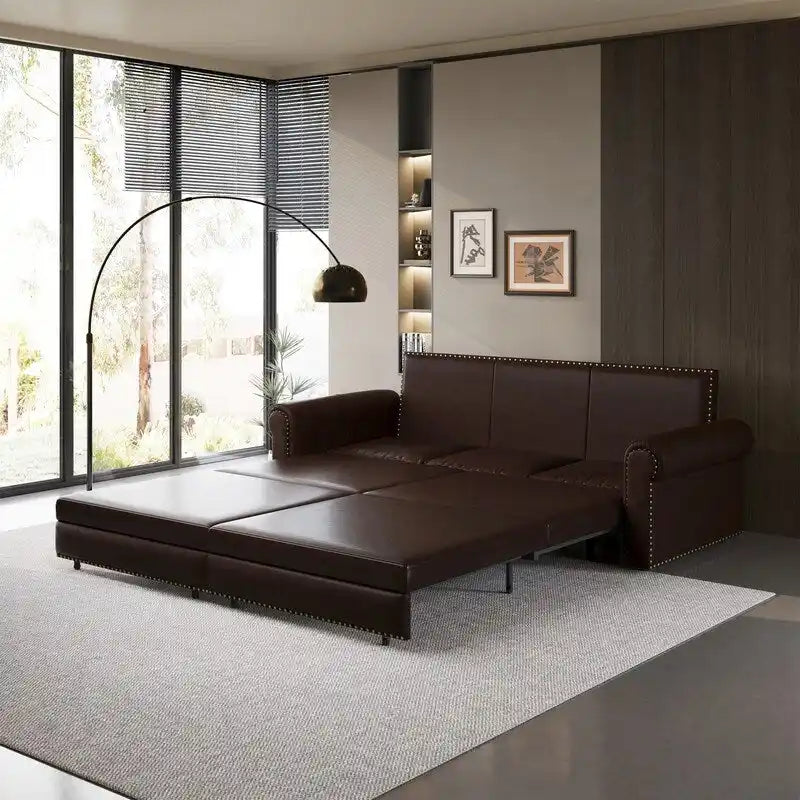 3-in-1 Convertible Chesterfield Sleeper Sofa with Pull-Out King Bed, Nailhead Trim and Rolled Arms