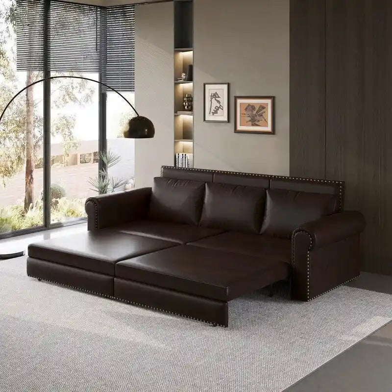 3-in-1 Convertible Chesterfield Sleeper Sofa with Pull-Out King Bed, Nailhead Trim and Rolled Arms