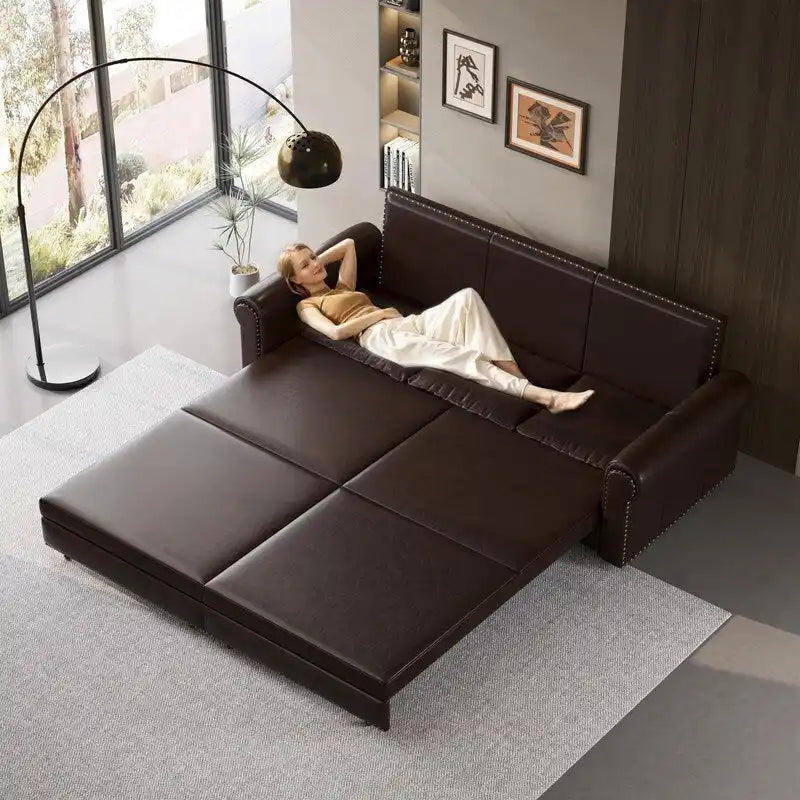 3-in-1 Convertible Chesterfield Sleeper Sofa with Pull-Out King Bed, Nailhead Trim and Rolled Arms