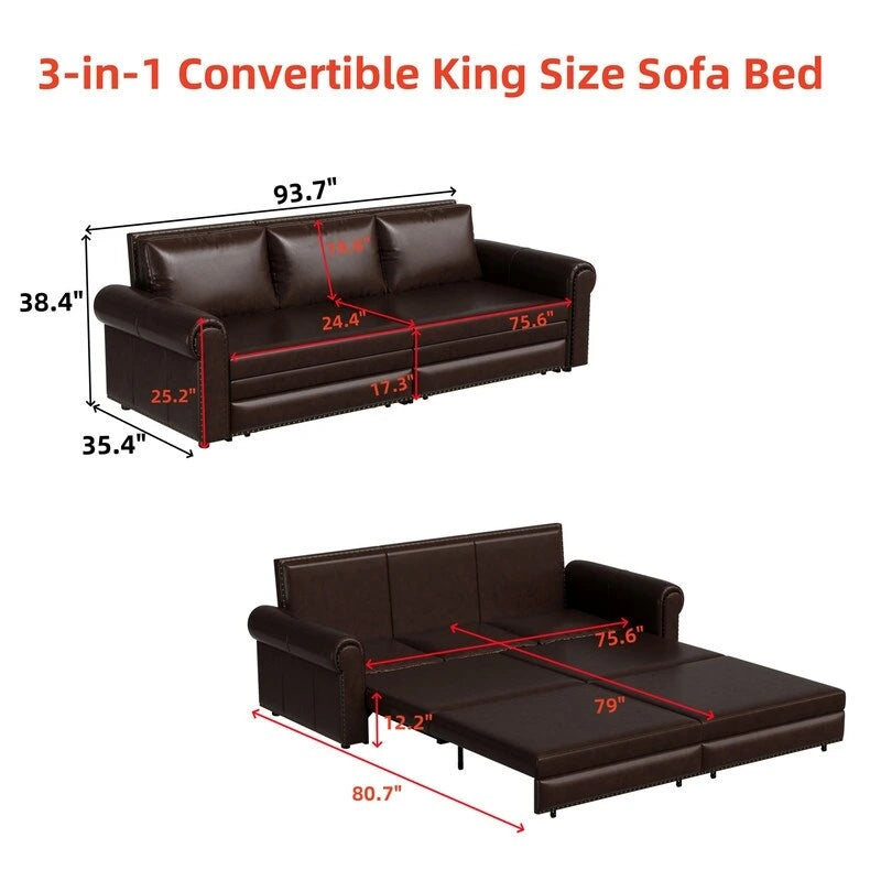 3-in-1 Convertible Chesterfield Sleeper Sofa with Pull-Out King Bed, Nailhead Trim and Rolled Arms