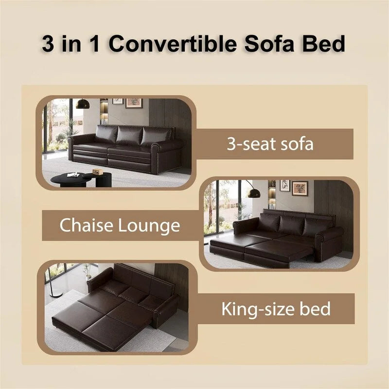 3-in-1 Convertible Chesterfield Sleeper Sofa with Pull-Out King Bed, Nailhead Trim and Rolled Arms