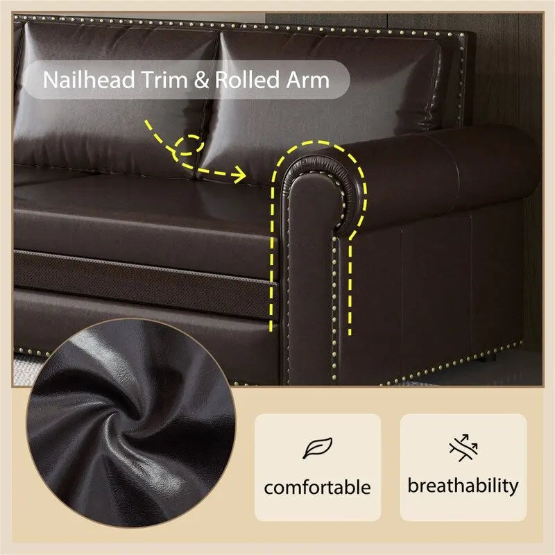 3-in-1 Convertible Chesterfield Sleeper Sofa with Pull-Out King Bed, Nailhead Trim and Rolled Arms
