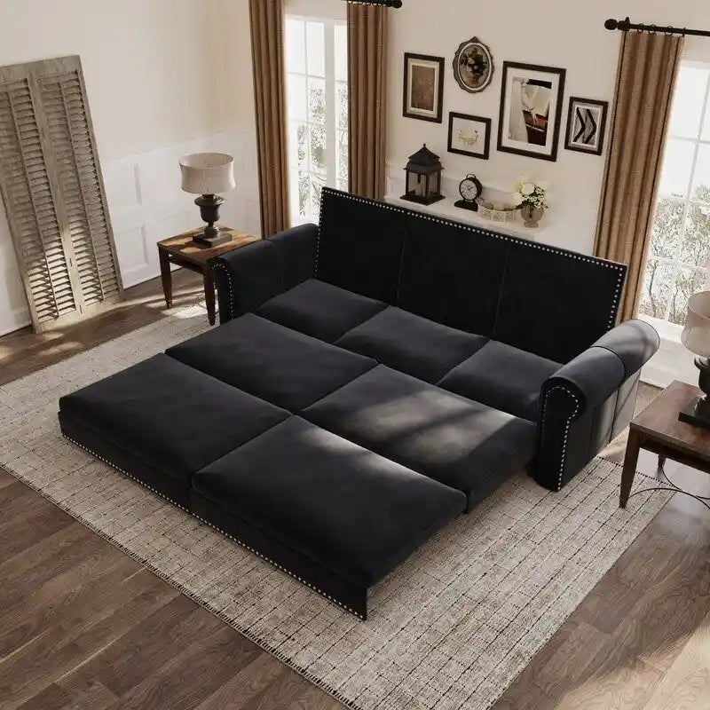 3-in-1 Convertible Chesterfield Sleeper Sofa with Pull-Out King Bed, Nailhead Trim and Rolled Arms