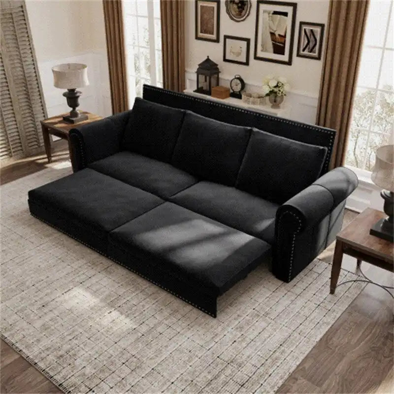 3-in-1 Convertible Chesterfield Sleeper Sofa with Pull-Out King Bed, Nailhead Trim and Rolled Arms