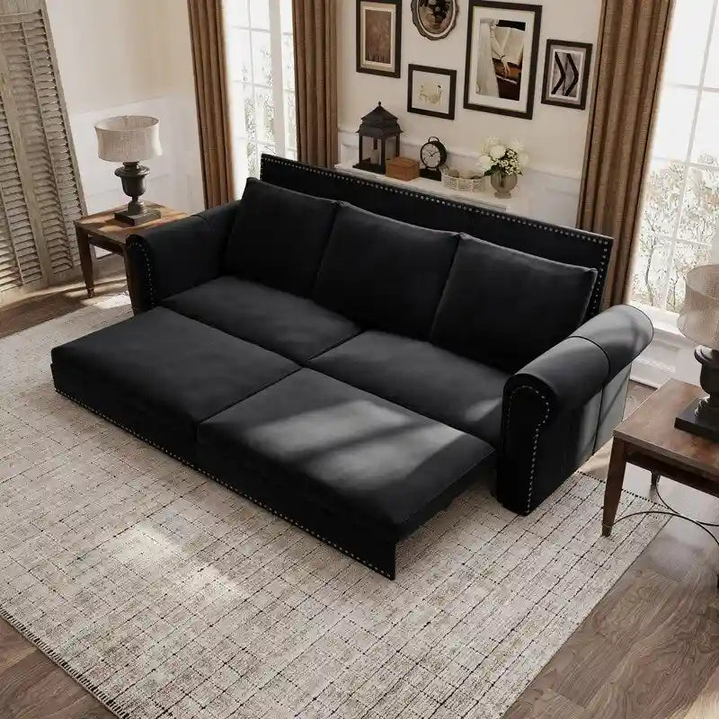 3-in-1 Convertible Chesterfield Sleeper Sofa with Pull-Out King Bed, Nailhead Trim and Rolled Arms
