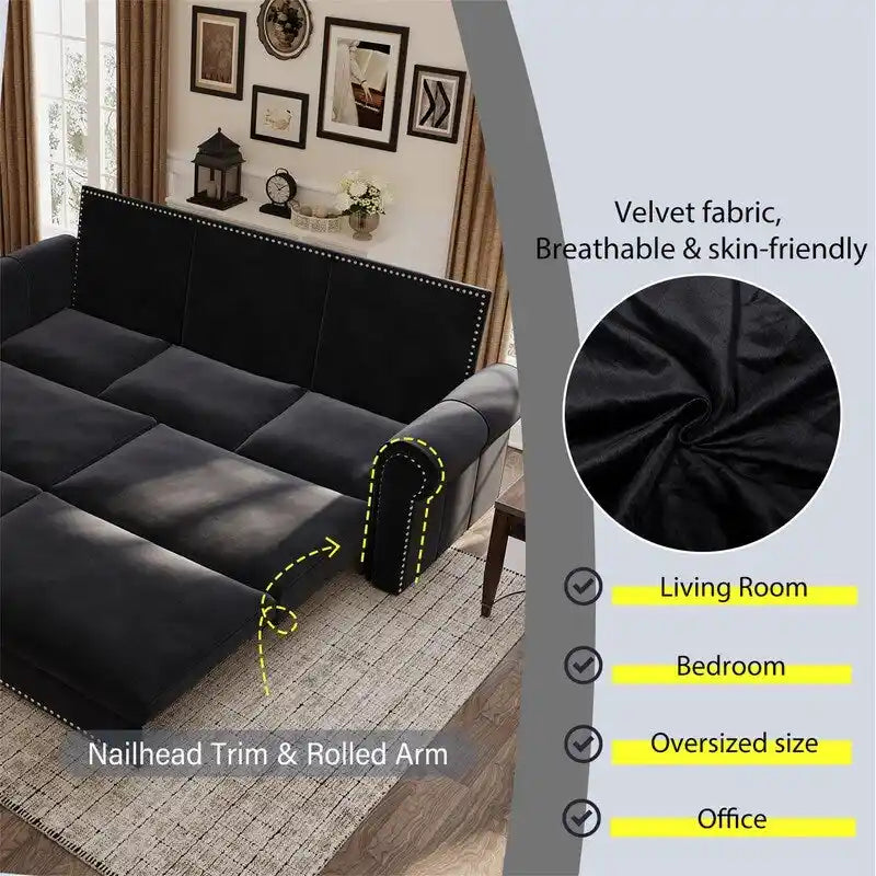 3-in-1 Convertible Chesterfield Sleeper Sofa with Pull-Out King Bed, Nailhead Trim and Rolled Arms