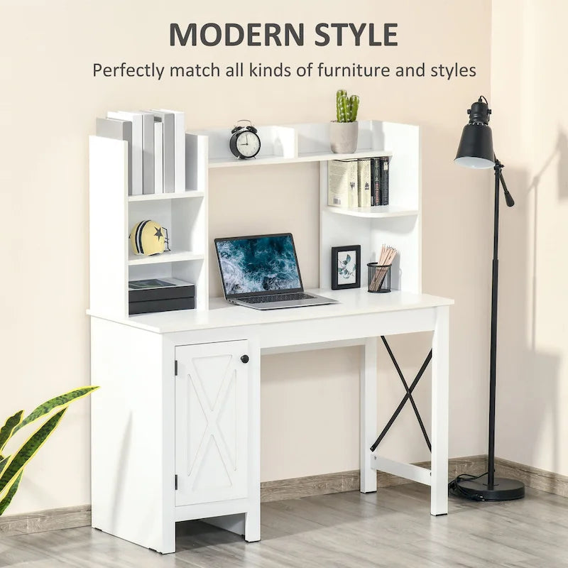 Farmhouse Computer Desk with Hutch, 2-Door Cabinet and 8 Open Shelves