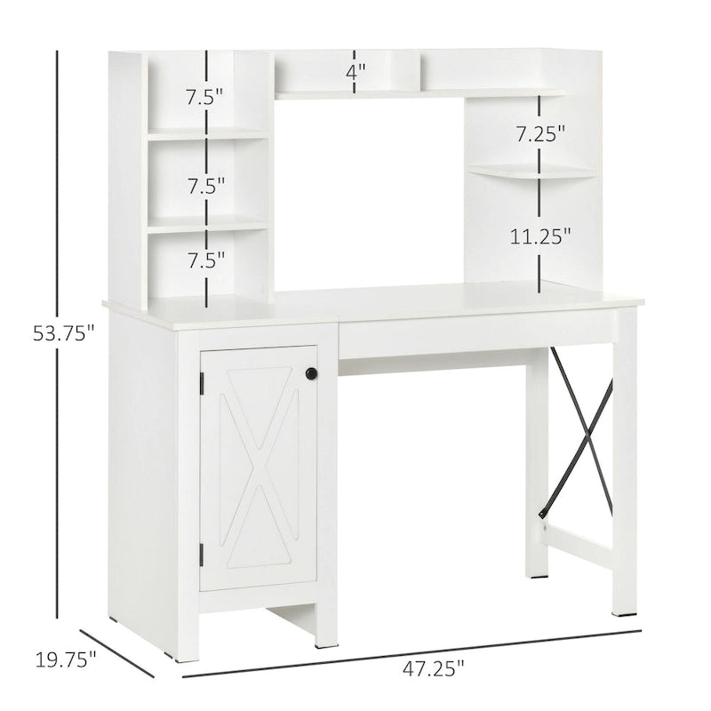 Farmhouse Computer Desk with Hutch, 2-Door Cabinet and 8 Open Shelves