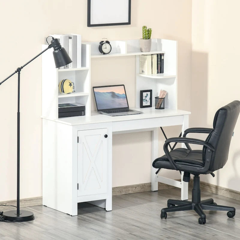 Farmhouse Computer Desk with Hutch, 2-Door Cabinet and 8 Open Shelves